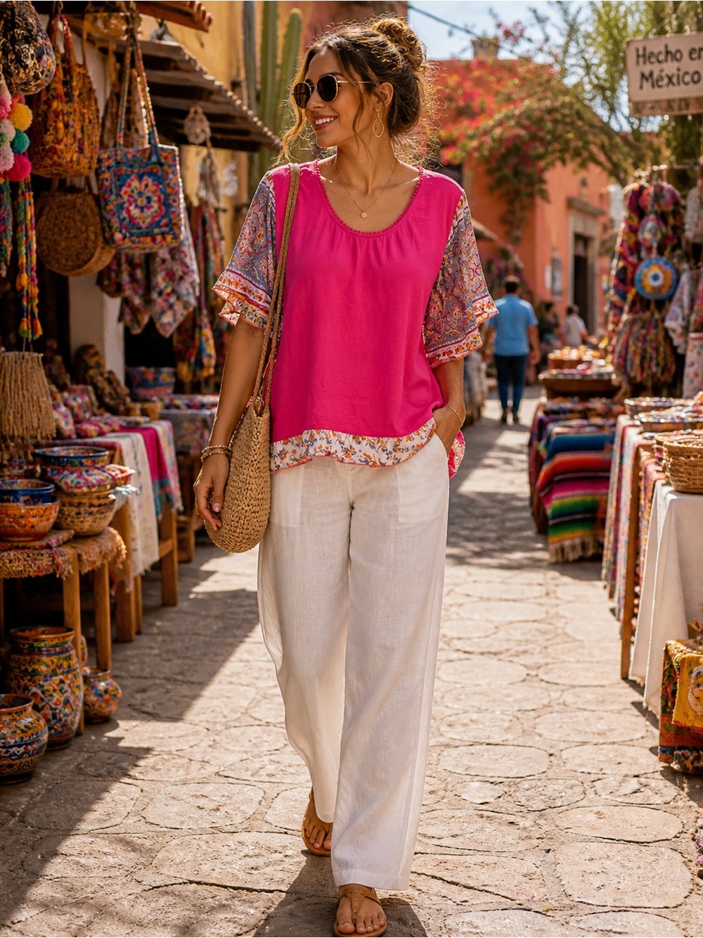 Tru Luxe Pink Boho Blouse XL Paisley Sleeve Resort Vacation‎ Top